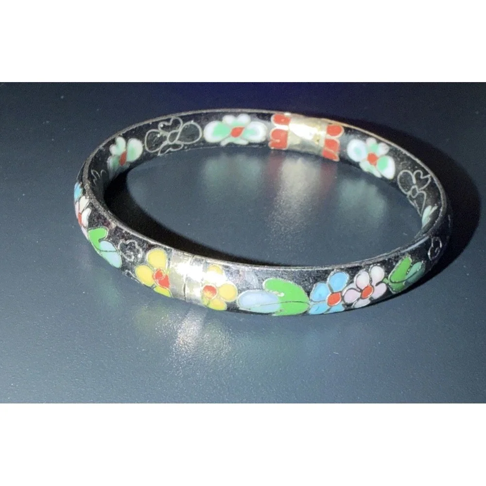 Vtg Asian Style Cloisonne Enamel Brass Bangle F Bracelet Floral Black Red Green